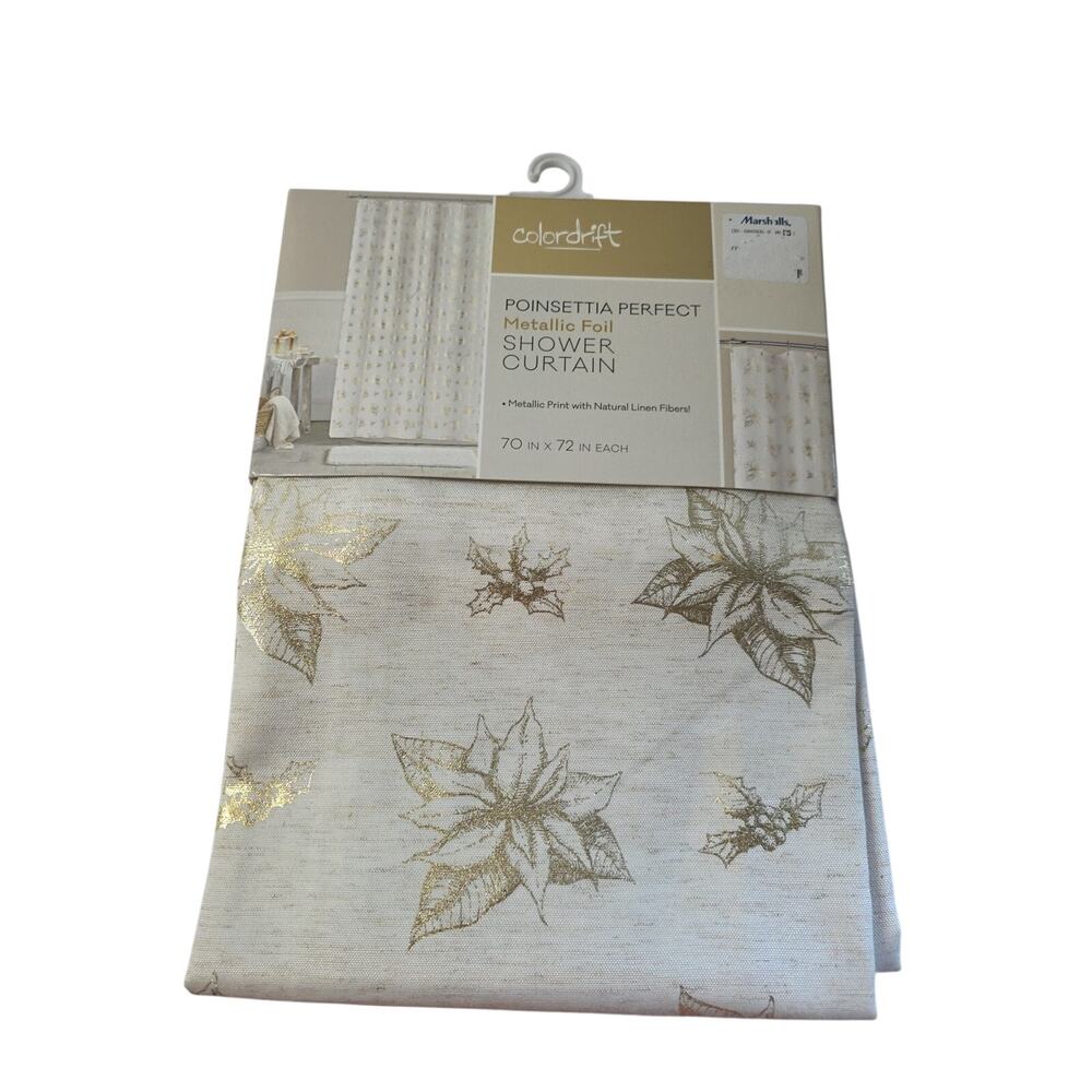 Colordrift 70 x 72" Linen Blend Fabric Shower Curtain Poinsetta Perfect Metallic